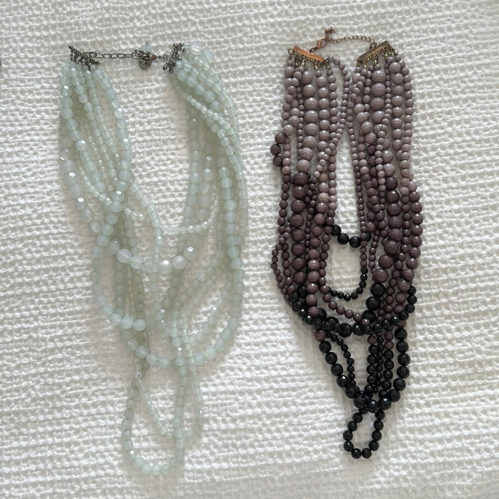Multi-strand adjustable necklaces in seafoam green & purple/black
